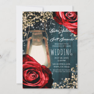 Rustic Glow Lantern Red Roses & Teal Wedding Invitation