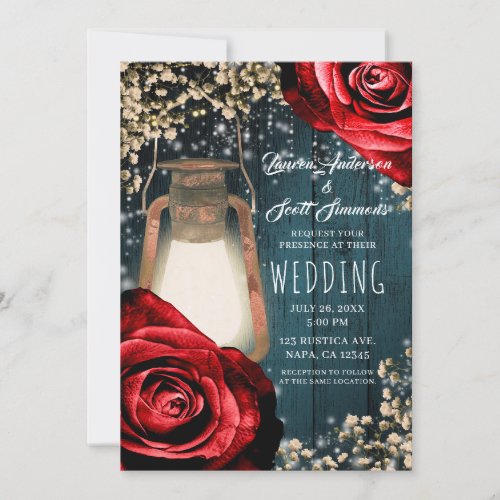 Rustic Glow Lantern Red Roses  Teal Wedding Invitation