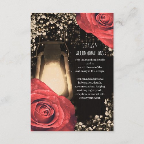 Rustic Glow Lantern Red Roses Wedding Details Enclosure Card