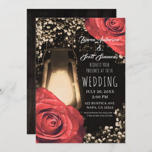 Rustic Glow Lantern  Red Roses Wedding Invitation