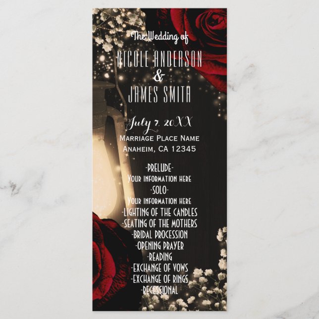 Rustic Glow Lantern & Red Roses Wedding Program (Front)