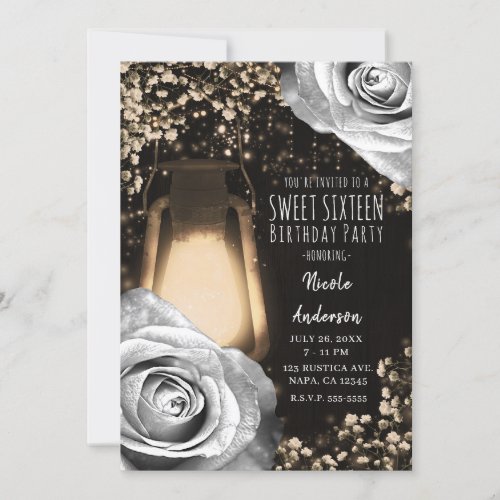 Rustic Glow Lantern Silver Grey Roses Sweet 16 Invitation