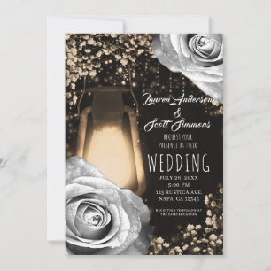 Rustic Glow Lantern Silver Grey Roses Wedding Invitation