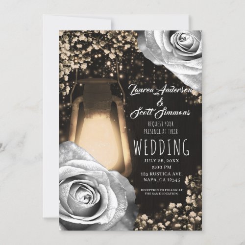 Rustic Glow Lantern Silver Grey Roses Wedding   Invitation