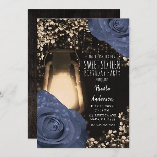 Rustic Glow Lantern  Steele Blue Roses Sweet 16 Invitation