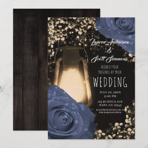 Rustic Glow Lantern & Steele Blue Roses Wedding  I Invitation