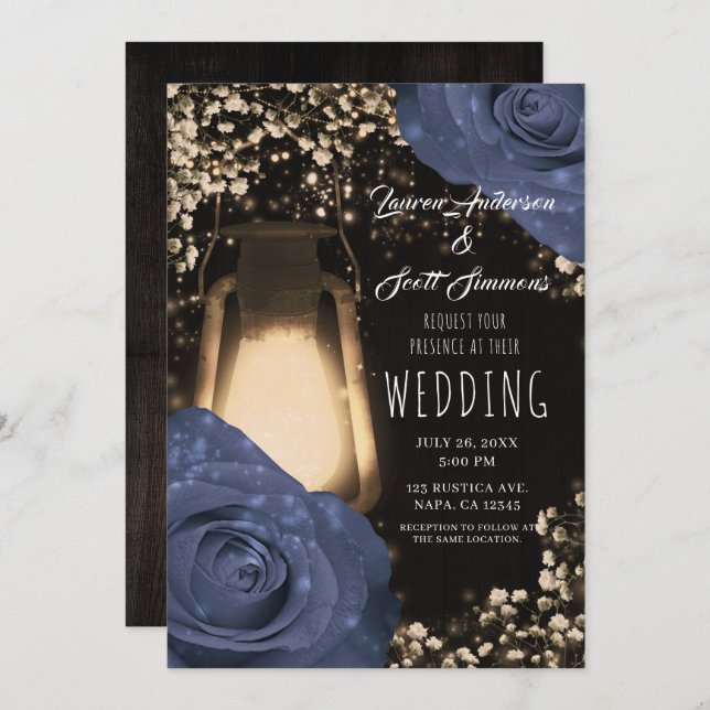 Rustic Glow Lantern & Steele Blue Roses Wedding  I Invitation (Front/Back)