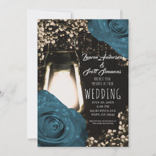 Rustic Glow Lantern Teal Green Blue Roses Wedding Invitation