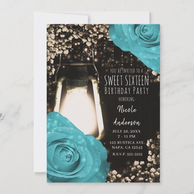 Rustic Glow Lantern Turquoise Blue Roses Sweet 16 Invitation (Front)