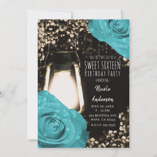 Rustic Glow Lantern Turquoise Blue Roses Sweet 16 Invitation