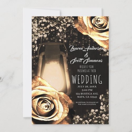 Rustic Glow Lantern Vintage Gold Roses Wedding  Invitation