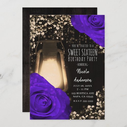 Rustic Glow Lantern  Violet Purple Roses Sweet 16 Invitation
