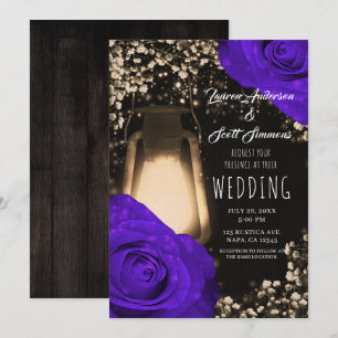 Rustic Glow Lantern & Violet Purple Roses Wedding Invitation