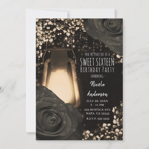 Rustic Glow Lantern Warm Black Roses Sweet 16 Invitation