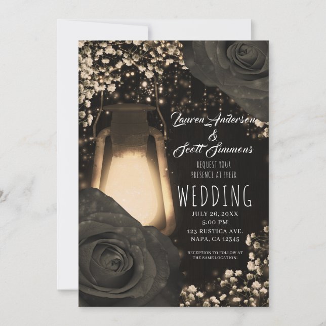 Rustic Glow Lantern Warm Grey Black Roses Wedding Invitation (Front)