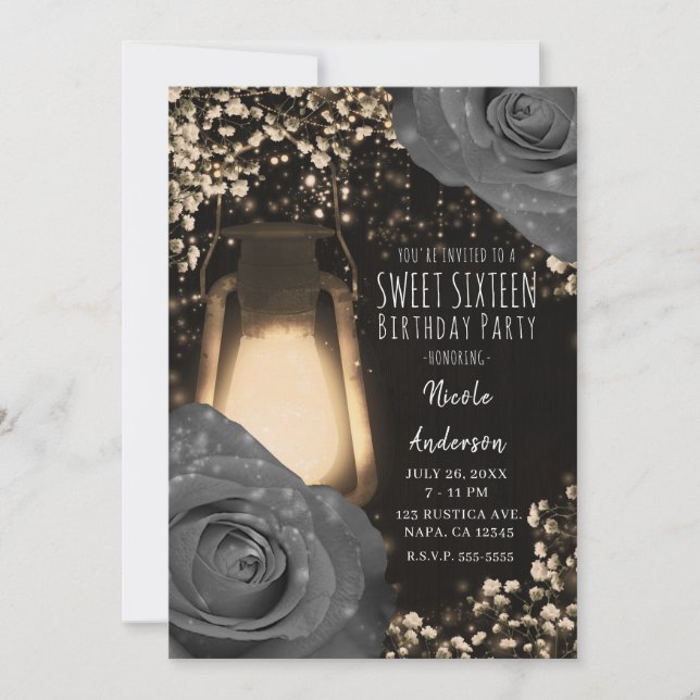 Rustic Glow Lantern Warm Grey Roses Sweet 16 Party Invitation (Front)