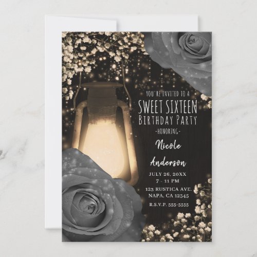 Rustic Glow Lantern Warm Grey Roses Sweet 16 Party Invitation