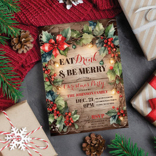 Rustic Glowing Lights Ivy Holly Christmas Party Invitation