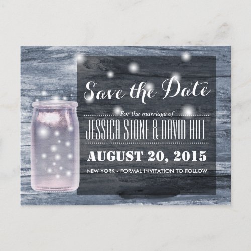 Rustic Glowing Mason Jar Firefly Save the Date Announcement Postcard