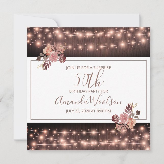 Rustic Glowing String Lights Floral Birthday Party Invitation (Front)