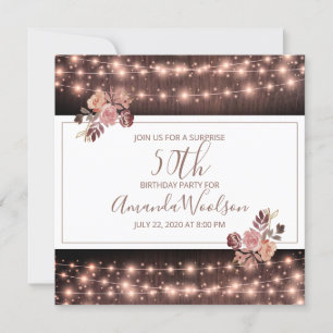 Rustic Glowing String Lights Floral Birthday Party Invitation