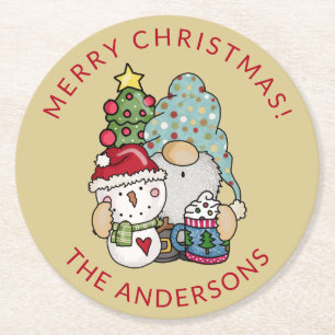 Rustic Gnome Snowman Christmas Round Paper Coaster