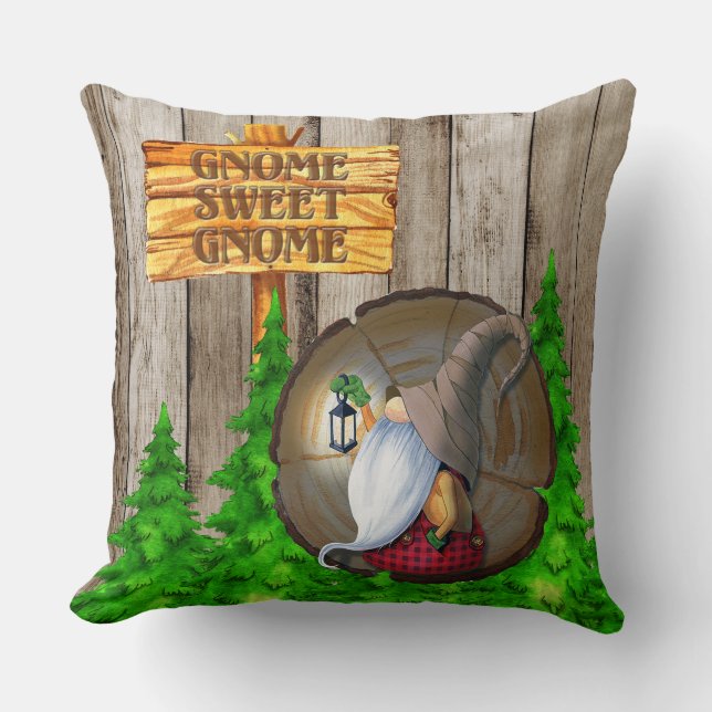 Rustic Gnome Sweet Gnome Throw Pillow (Front)