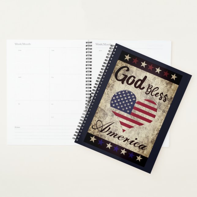 Rustic, God Bless America Patriotic Heart    Planner (Display)
