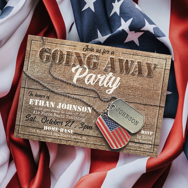 Rustic Going Away Party Military Dog Tags US Flag  Invitation (Rustic Wood Personalized American Flag Dog Tag Military Going Away Party Invitations, Air Force)