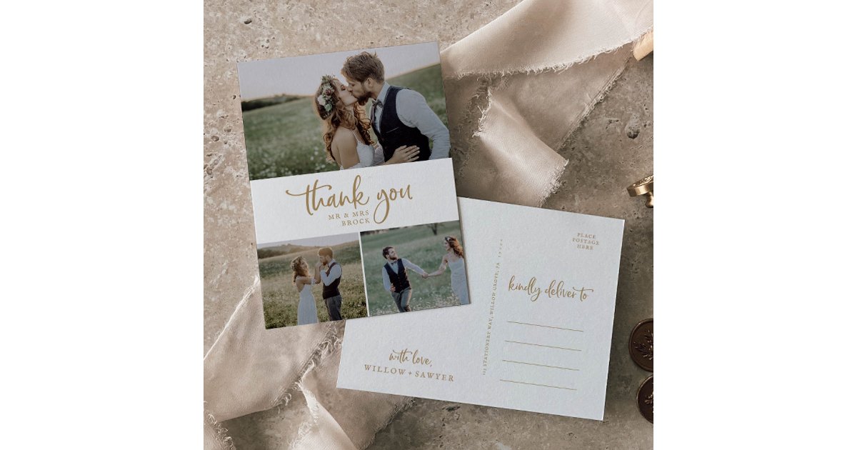 Rustic Gold 3 Photo Collage Wedding Thank You Postcard | Zazzle