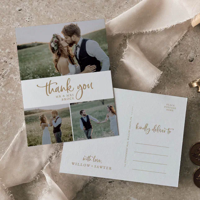 Rustic Gold 3 Photo Collage Wedding Thank You Postcard | Zazzle
