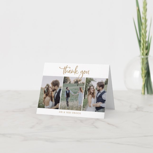 Rustic Gold 3 Photo Template Folded Thank You Card (Front)