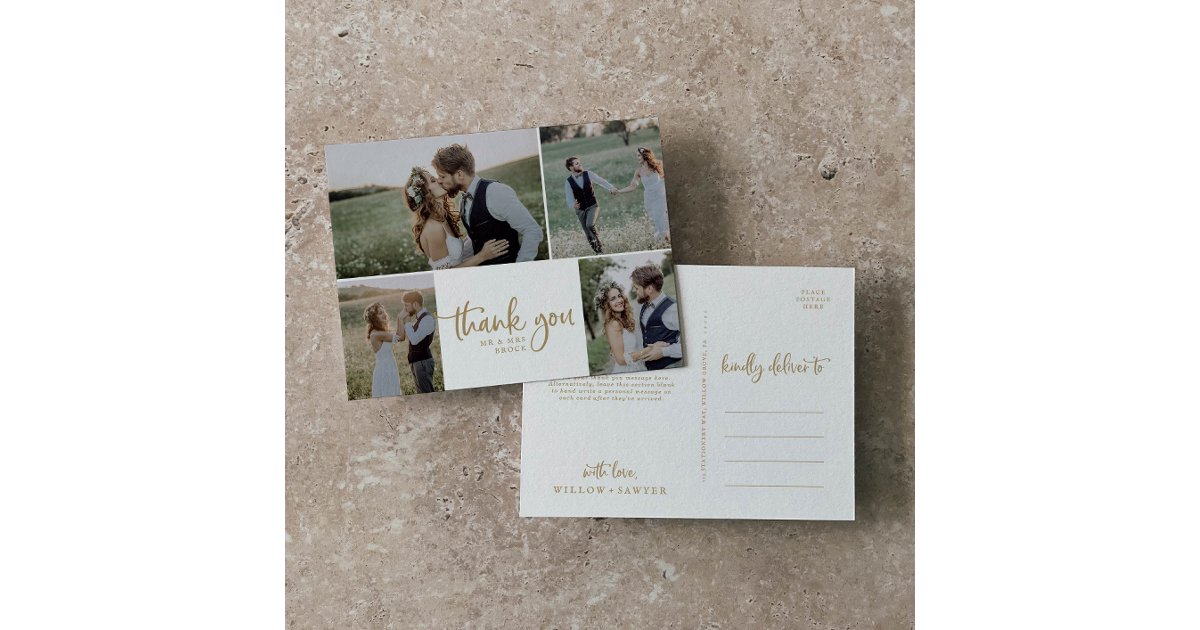 Rustic Gold 4 Photo Collage Wedding Thank You Postcard | Zazzle