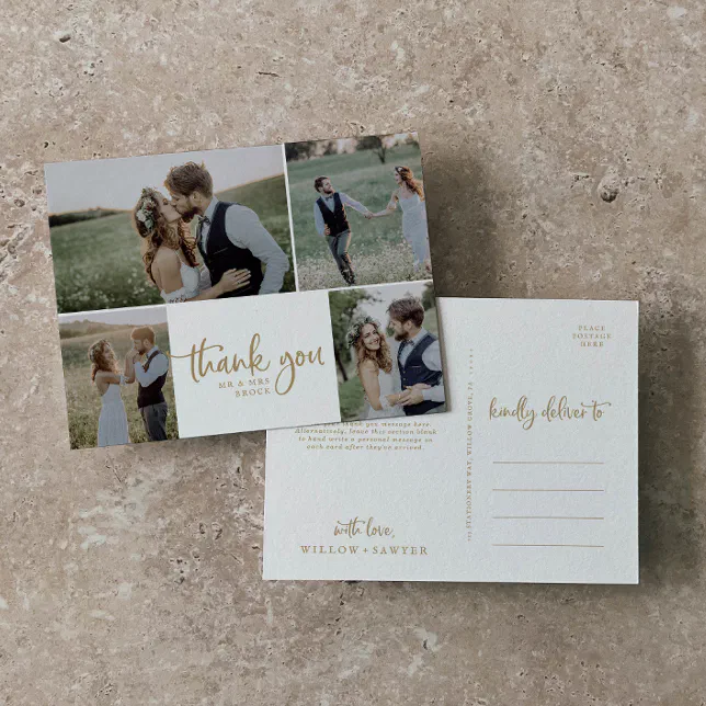 Rustic Gold 4 Photo Collage Wedding Thank You Postcard | Zazzle