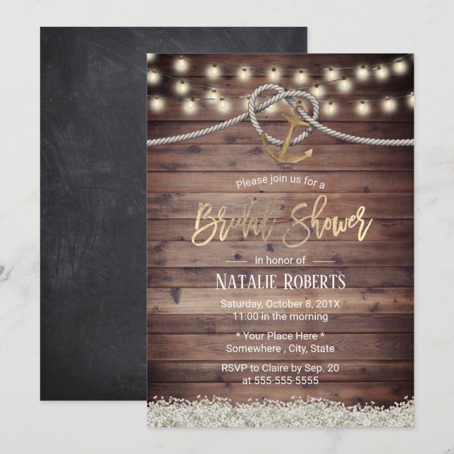 Rustic Gold Anchor & Rope FLoral Bridal Shower Invitation (Front/Back)