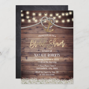Rustic Gold Anchor & Rope FLoral Bridal Shower Invitation