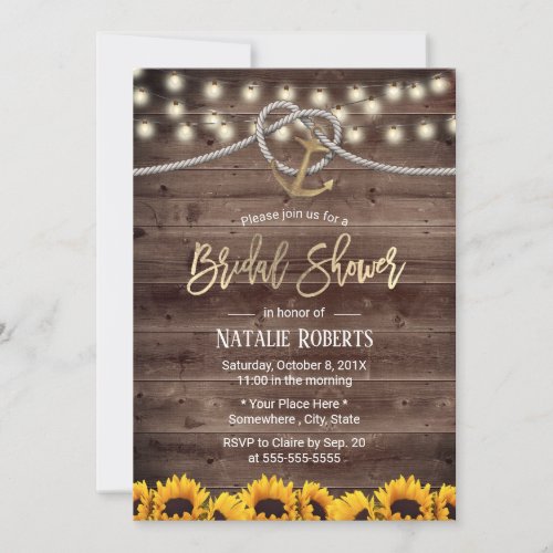 Rustic Gold Anchor  Rope Sunflowers Bridal Shower Invitation