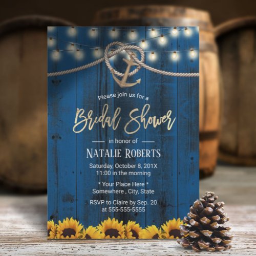 Rustic Gold Anchor Sunflowers Navy Bridal Shower Invitation