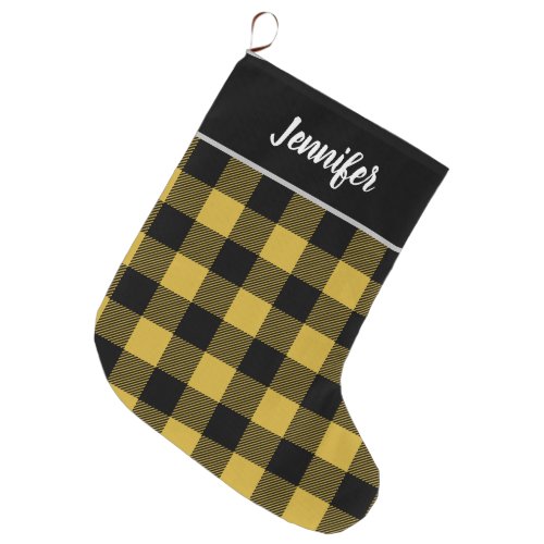 Rustic Gold and Black Buffalo Check Monogram Large Christmas Stocking