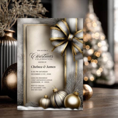 Rustic Gold and Silver Bow Christmas Party Invitation