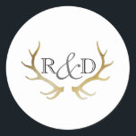 Rustic Gold Antler | Elegant Initial Wedding Classic Round Sticker<br><div class="desc">By Redefined Designs</div>