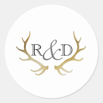 Rustic Gold Antler | Elegant Initial Wedding Classic Round Sticker by RedefinedDesigns at Zazzle