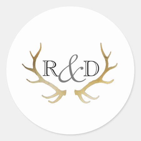 Rustic Gold Antler | Elegant Initial Wedding Classic Round Sticker