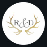Rustic Gold Antler | Elegant Initial Wedding Classic Round Sticker<br><div class="desc">By Redefined Designs</div>