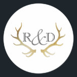 Rustic Gold Antler | Elegant Initial Wedding Classic Round Sticker<br><div class="desc">By Redefined Designs</div>