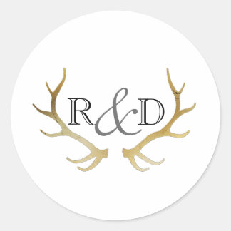 Rustic Gold Antler | Elegant Initial Wedding Classic Round Sticker