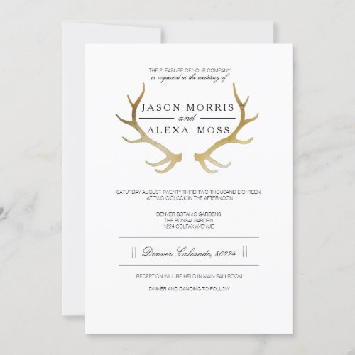 Rustic Gold Antler  Elegant Wedding Invitation