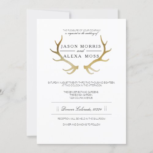Rustic Gold Antler  Elegant Wedding Invitation