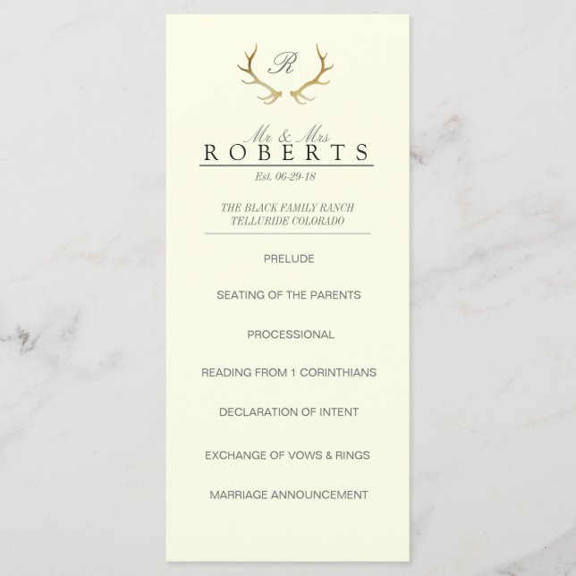 Rustic Gold Antlers | Elegant Wedding Rackcard Program (Front)