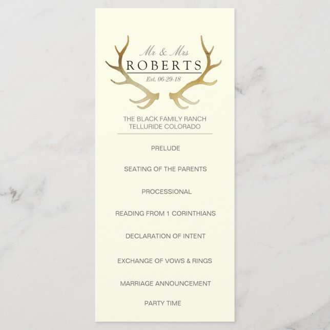 Rustic Gold Antlers | Elegant Wedding Rackcard Program (Front)